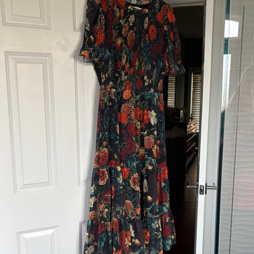 Ivy City Co Black Floral Maxi Dress with Red and Green Blooms